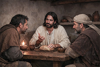 Jesus sits at a table with the two disciples from Emmaus